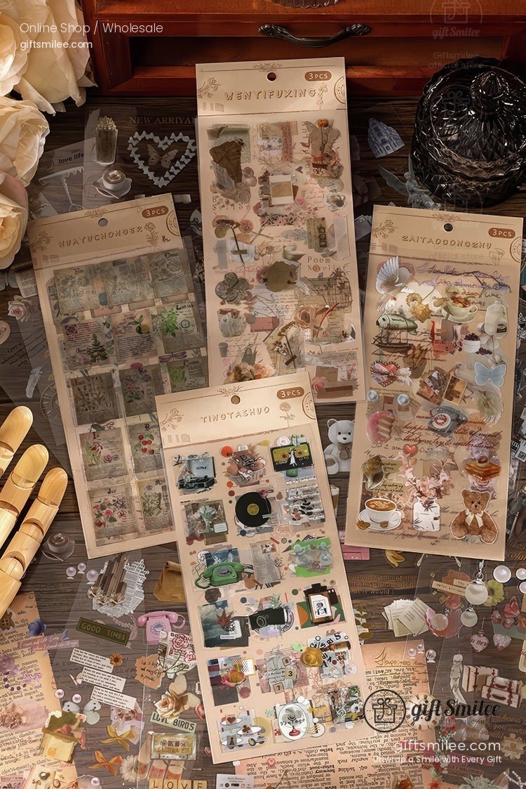 Vintagestyle sticker sheets with intricate designs including nature food and retro objects on a rustic wooden table