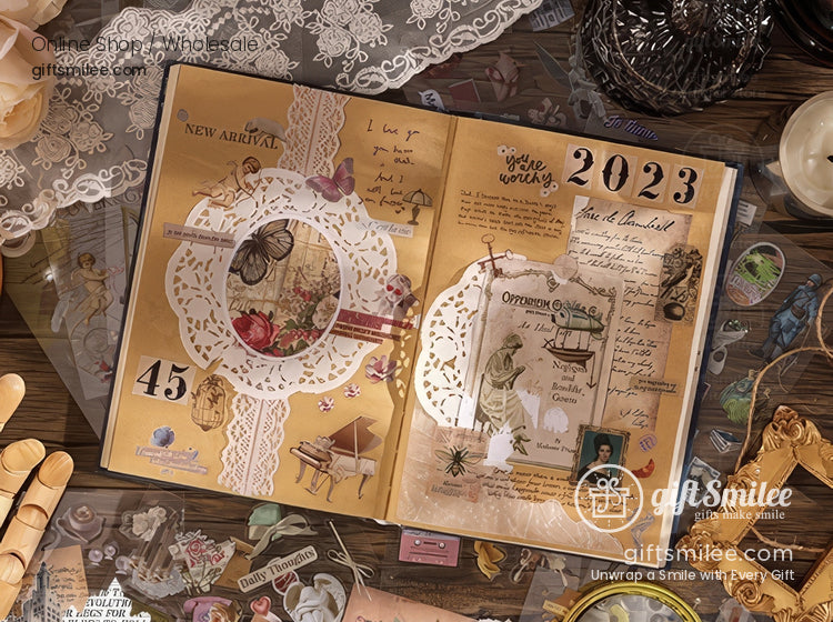 Vintage scrapbook with beige pages lace accents floral stickers handwritten notes and antiquestyle embellishments