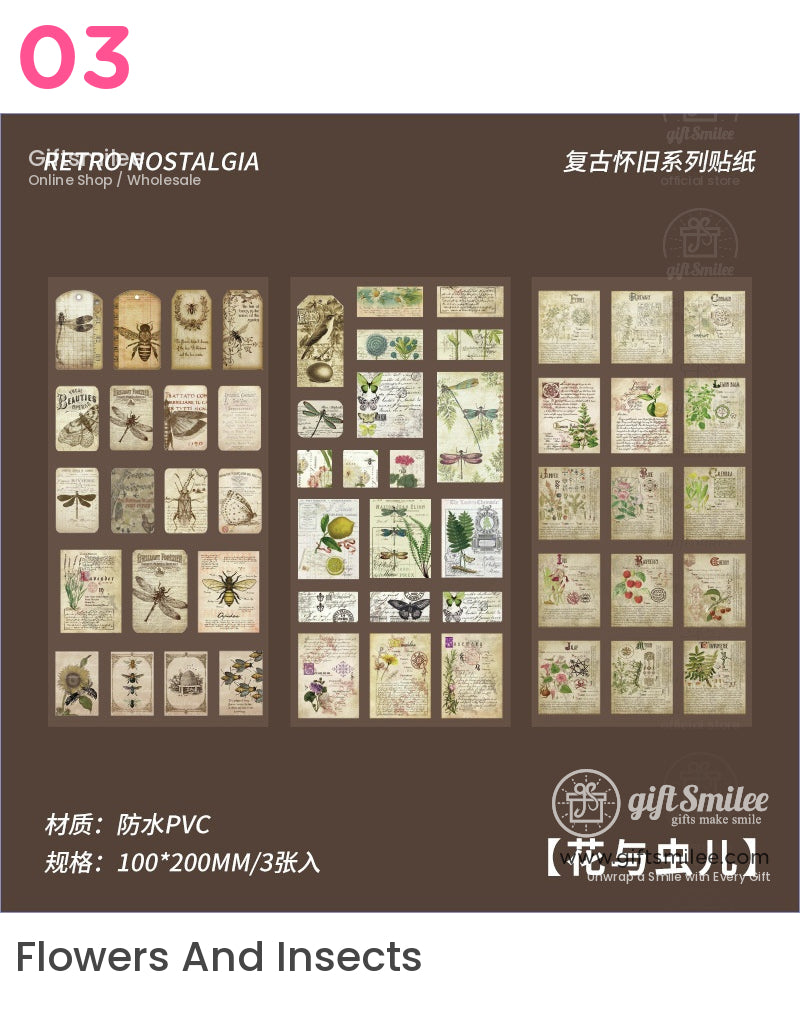 Vintagestyle waterproof PVC stickers featuring botanical illustrations insects and antique script 100x200mm set of 3