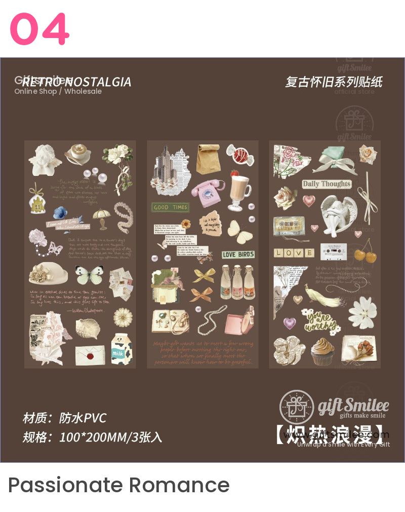 Vintagethemed PVC stickers with floral patterns pearls butterflies retro objects and handwritten text on a brown background