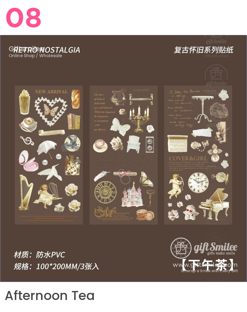 Vintagestyle PVC sticker sheets with golden accents featuring retro objects floral designs and ornate decorations