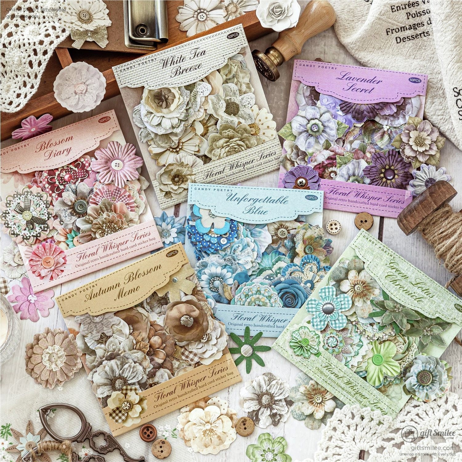 Layered Paper Floral Embellishments Vintage Tones Scrapbook Stickers Set | KS-SA-4312