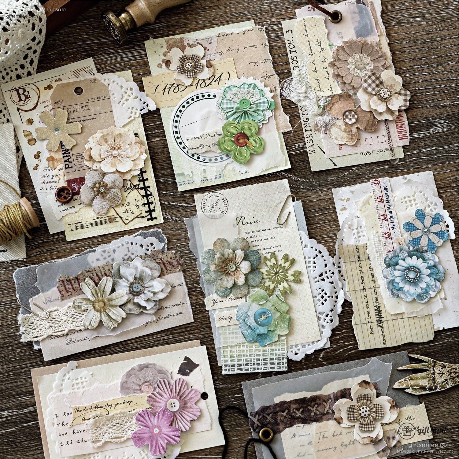 Layered Paper Floral Embellishments Vintage Tones Scrapbook Stickers Set | KS-SA-4312