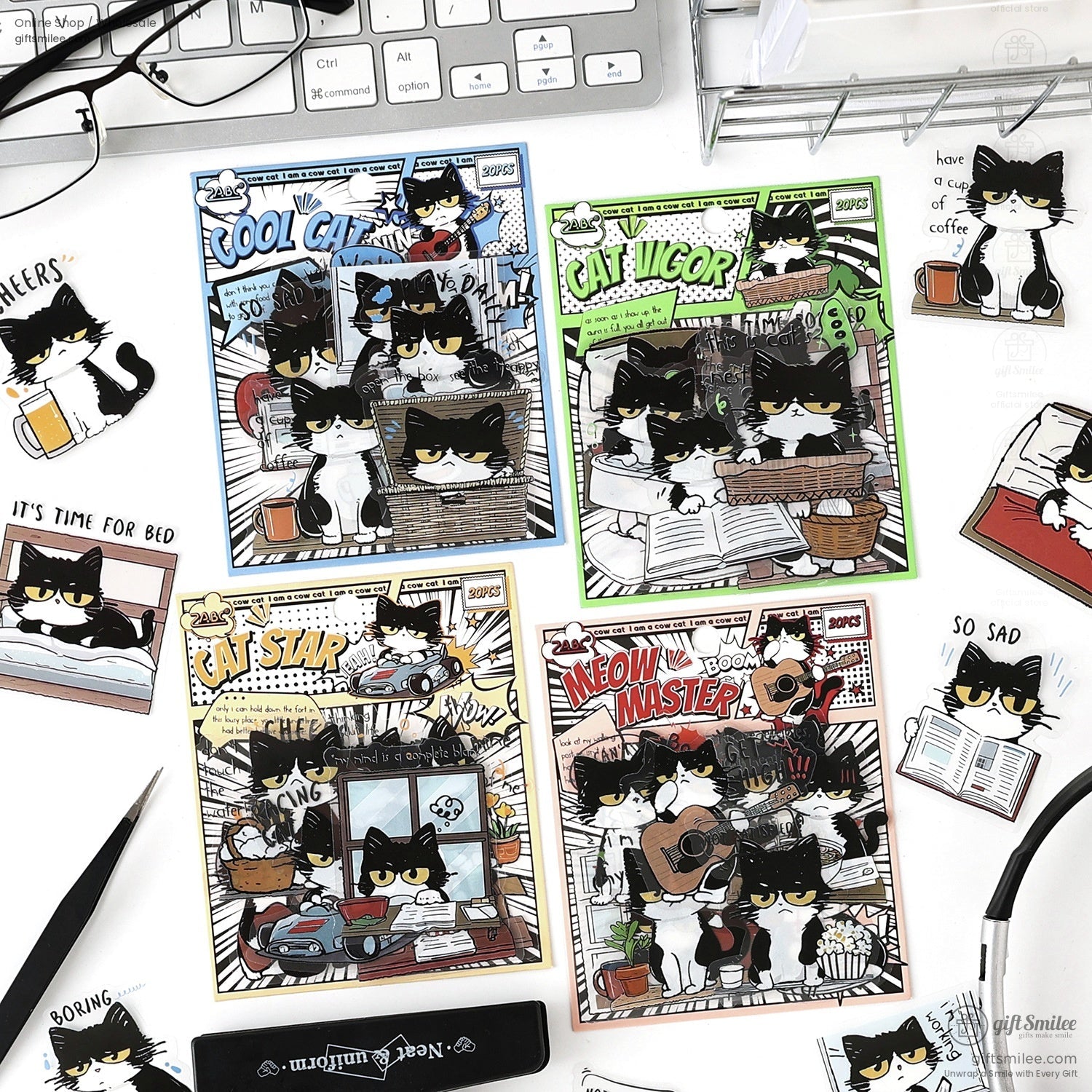 Matte Vinyl Waterproof Die-Cut Comic Cat Sticker Pack | KS-SA-4328
