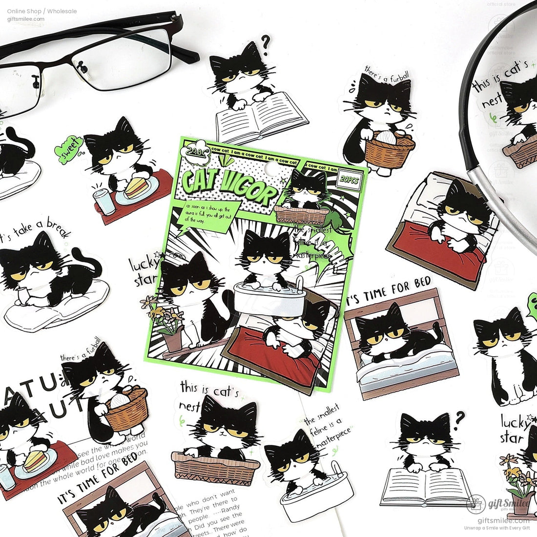 Matte Vinyl Waterproof Die-Cut Comic Cat Sticker Pack | KS-SA-4328