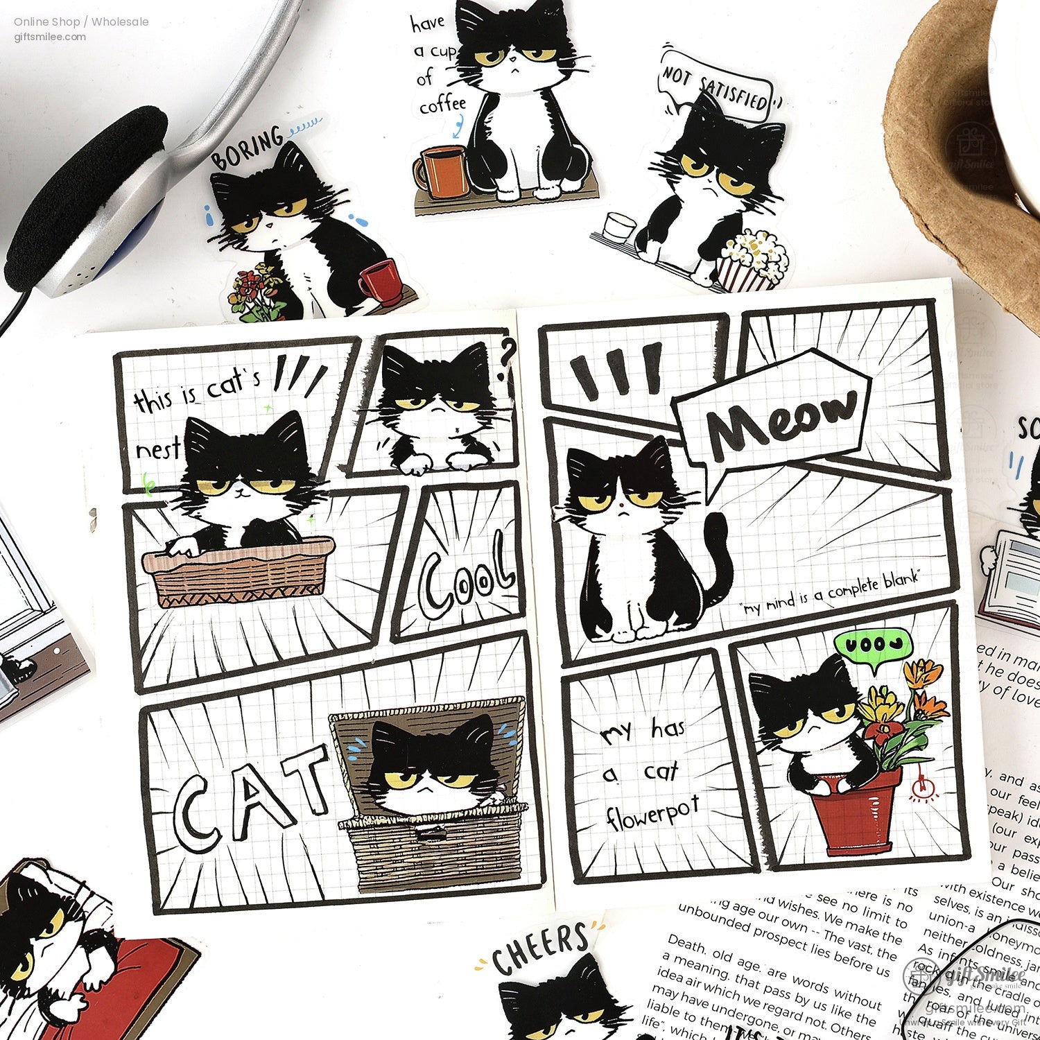 Matte Vinyl Waterproof Die-Cut Comic Cat Sticker Pack | KS-SA-4328