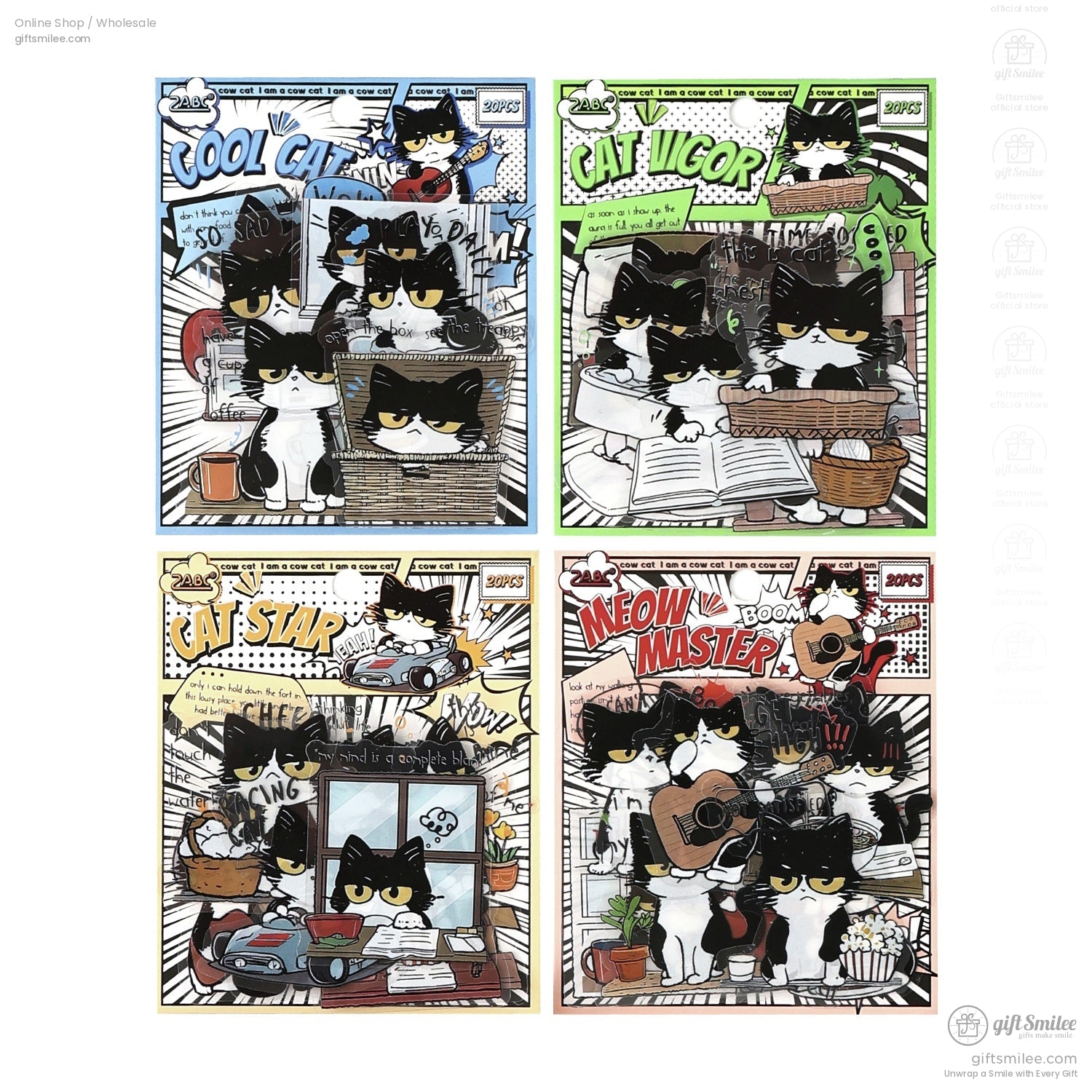 Matte Vinyl Waterproof Die-Cut Comic Cat Sticker Pack | KS-SA-4328