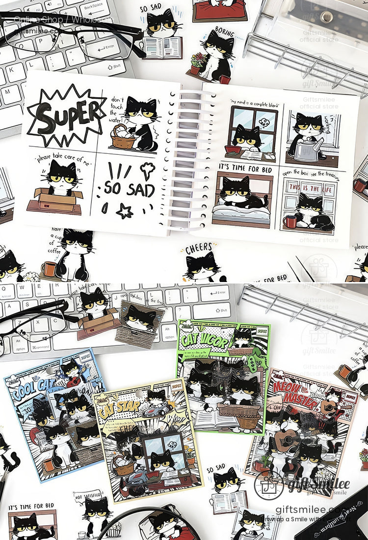 Matte Vinyl Waterproof Die-Cut Comic Cat Sticker Pack | KS-SA-4328