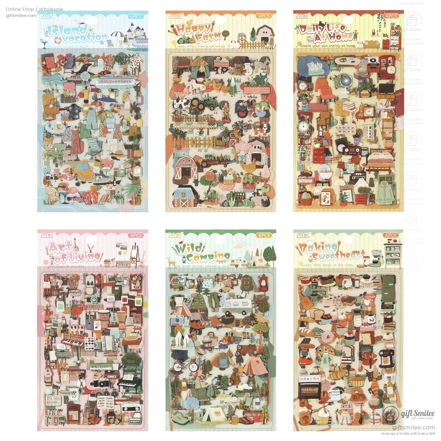 Matte Pet Washi-Look 4-Sheet Die-Cut Mini Illustrations Sticker Pack | KS-SA-4329