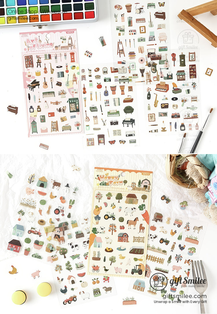 Matte Pet Washi-Look 4-Sheet Die-Cut Mini Illustrations Sticker Pack | KS-SA-4329