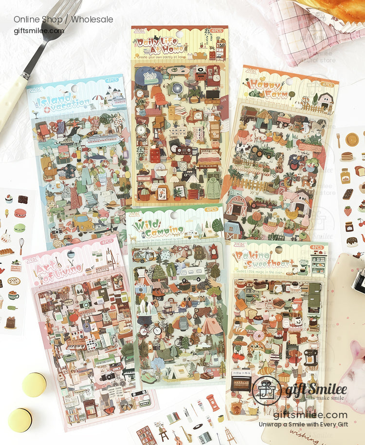 Matte Pet Washi-Look 4-Sheet Die-Cut Mini Illustrations Sticker Pack | KS-SA-4329