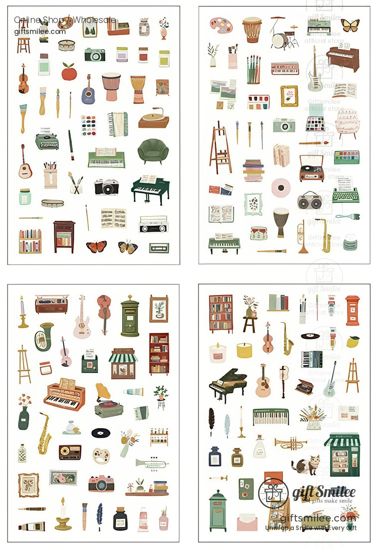 Matte Pet Washi-Look 4-Sheet Die-Cut Mini Illustrations Sticker Pack | KS-SA-4329