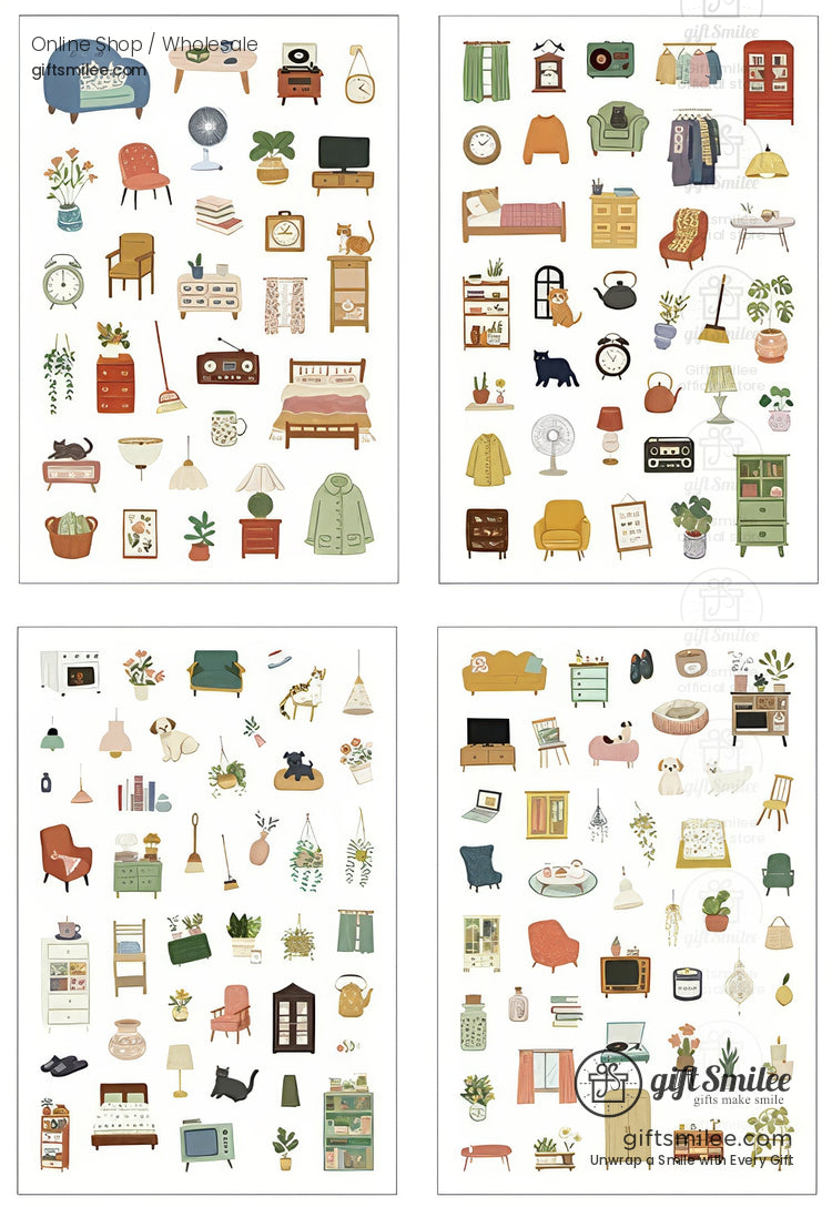 Matte Pet Washi-Look 4-Sheet Die-Cut Mini Illustrations Sticker Pack | KS-SA-4329