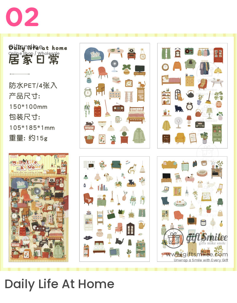 Matte Pet Washi-Look 4-Sheet Die-Cut Mini Illustrations Sticker Pack | KS-SA-4329