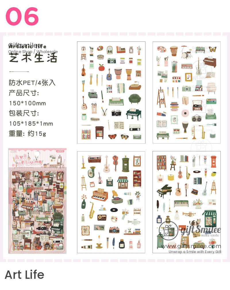 Matte Pet Washi-Look 4-Sheet Die-Cut Mini Illustrations Sticker Pack | KS-SA-4329