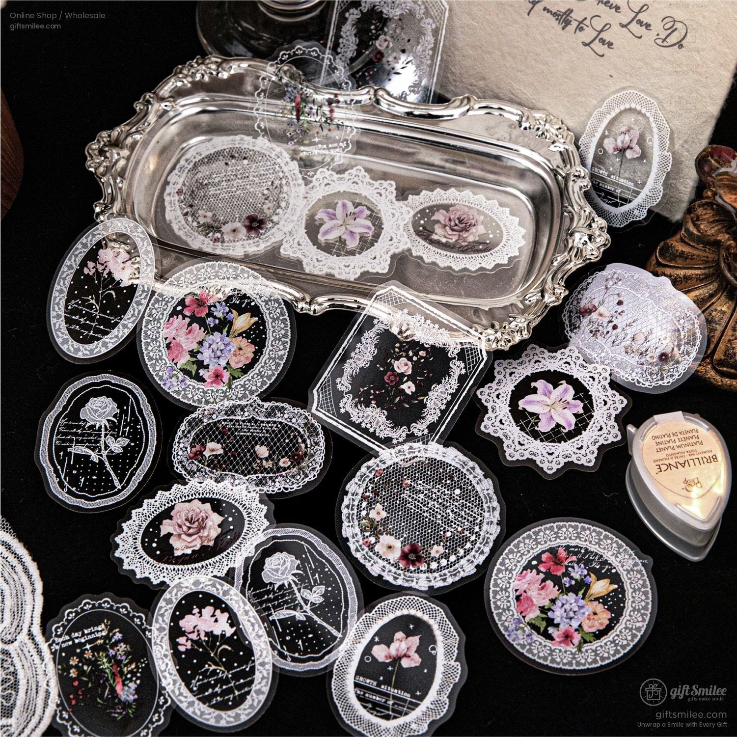 Pet White-Ink Lace Floral Transparent Decorative Stickers | KS-SA-4332