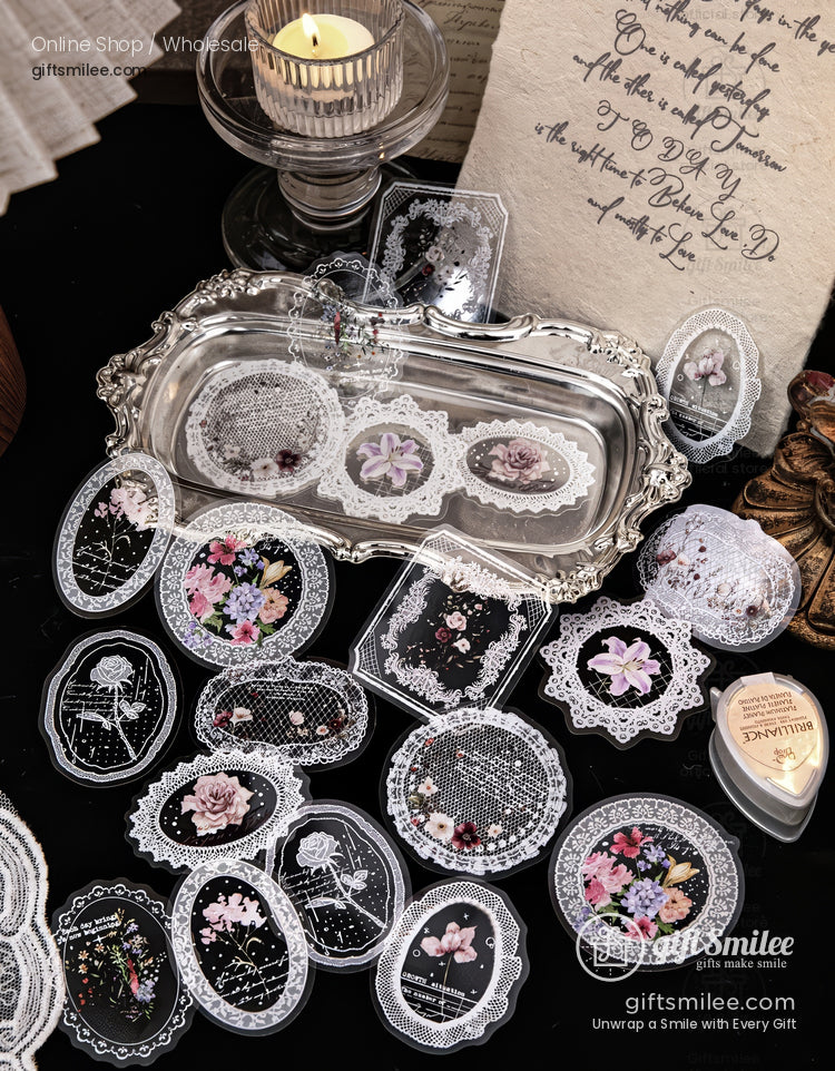 Pet White-Ink Lace Floral Transparent Decorative Stickers | KS-SA-4332