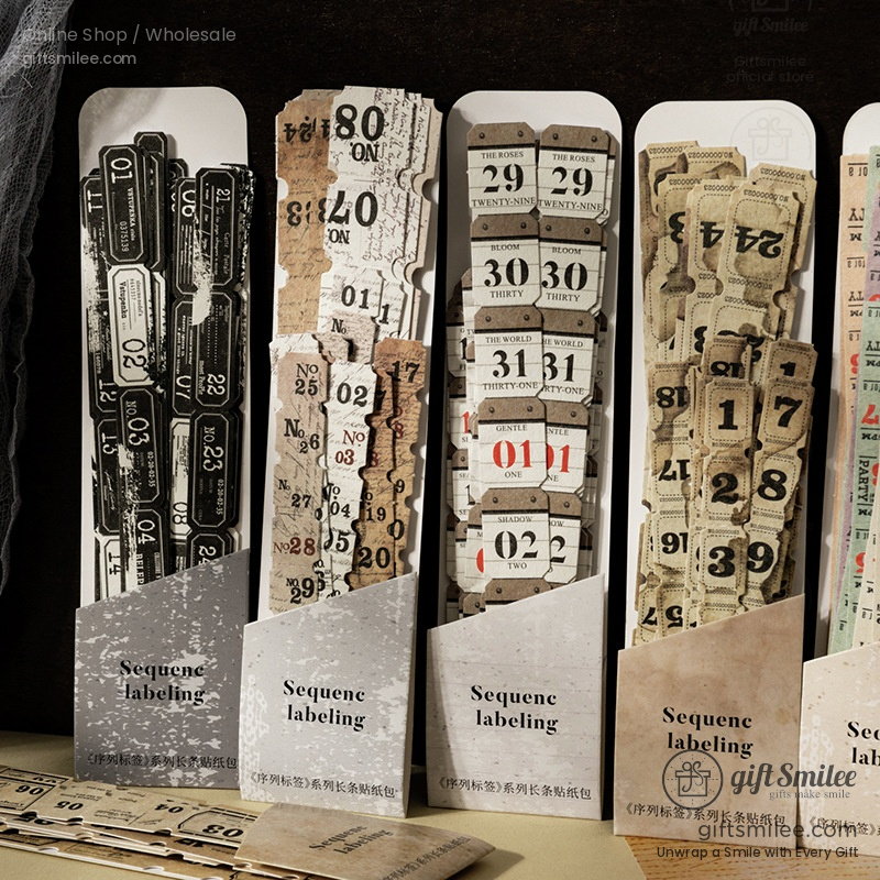 Vintagestyle paper tickets in muted tones of beige green and red with numbered designs perforated edges and retro fonts