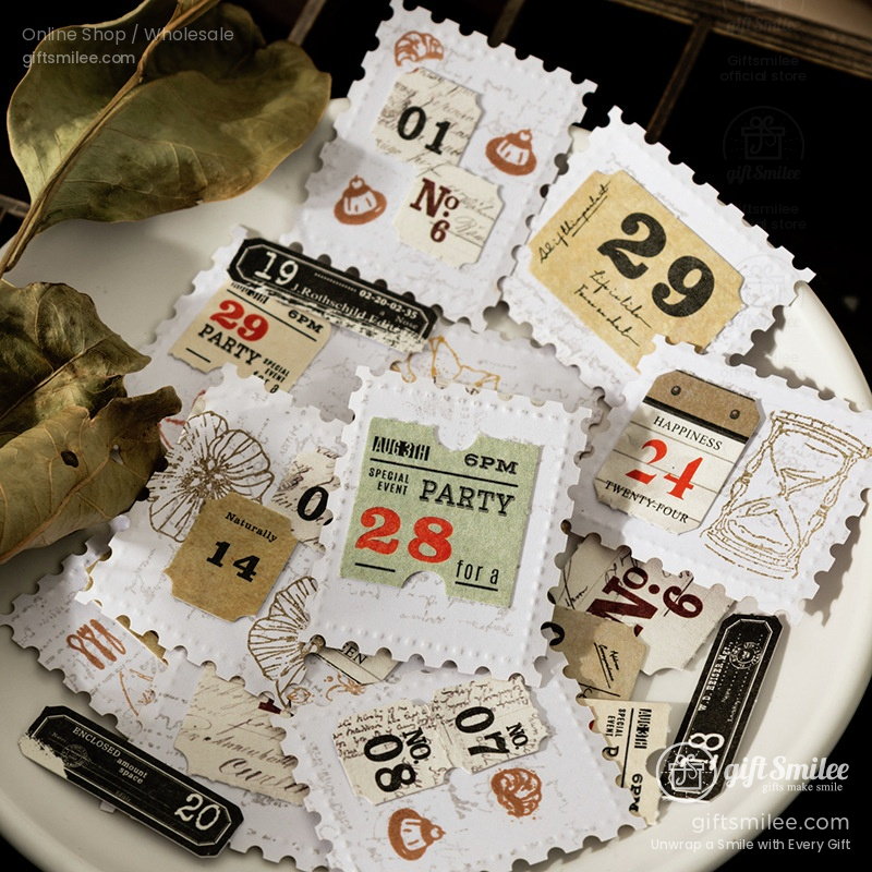 Vintageinspired decorative paper stamps with intricate typography dates and illustrations in muted tones on white paper