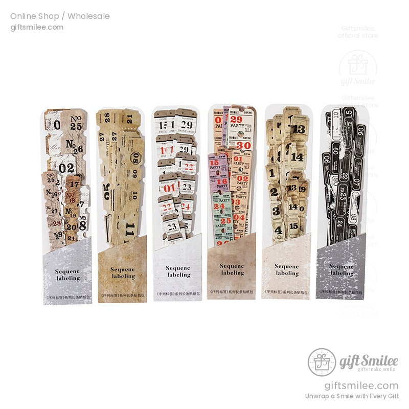 Vintage number label sticker sets in varied designs featuring muted tones retro fonts and textured paper styling