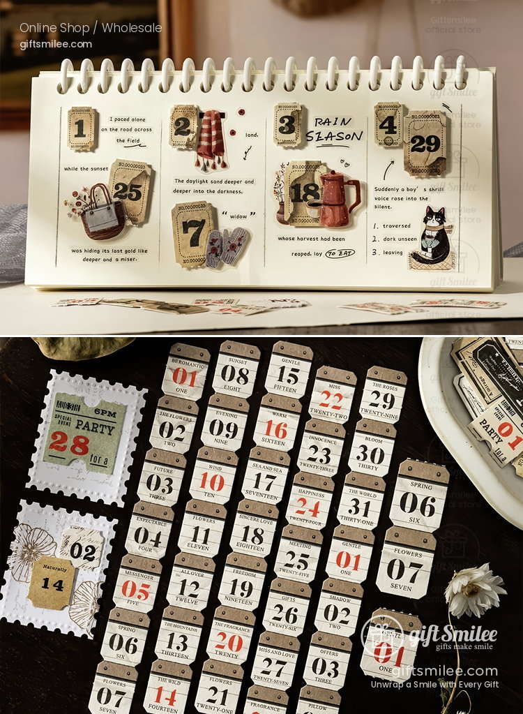 Vintagestyle kraft paper calendar with handwritten text illustrated stickers and detachable retroinspired date tags