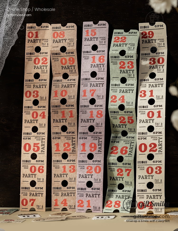 Vintagestyle perforated paper ticket strips in beige pink purple and green tones with bold black and red text