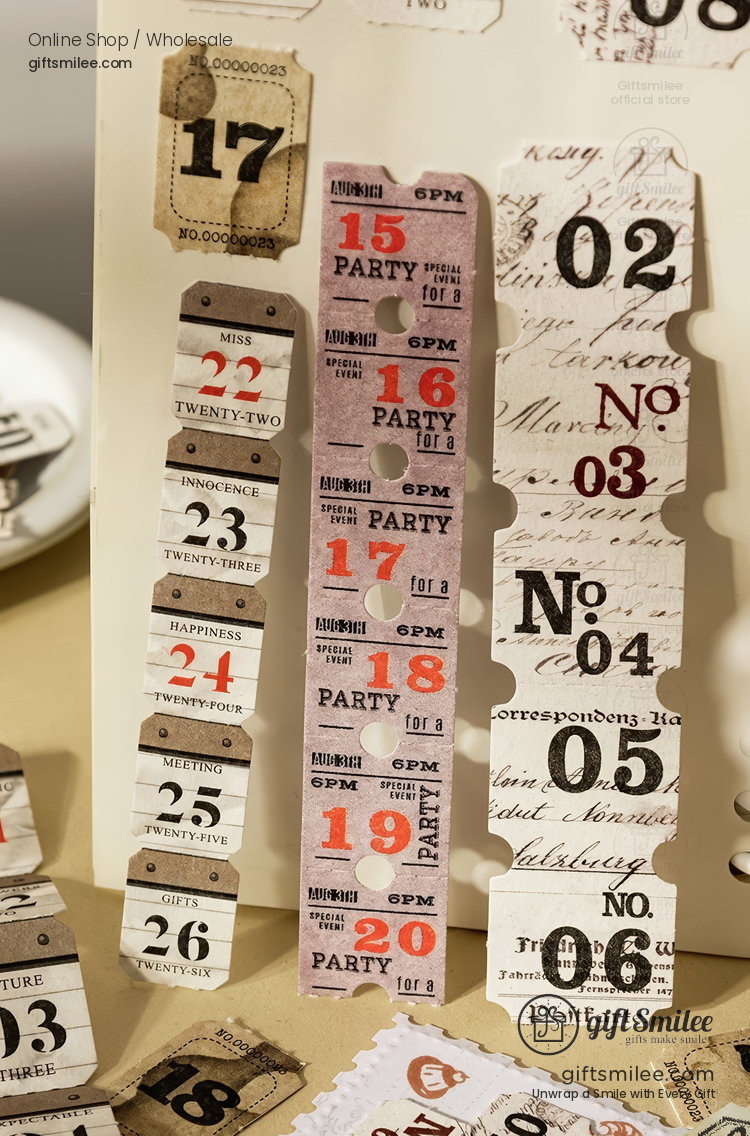Vintagestyle paper tickets and labels with numbers scripted text and muted tones of beige red black and white