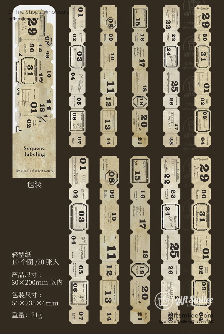 Vintagestyle kraft paper labels with numbered designs tearable perforated edges and muted beige tones in a sequence