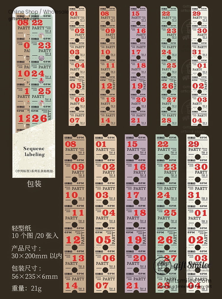 Vintagestyle numbered paper bookmarks in assorted pastel shades featuring bold red and black fonts for party themes