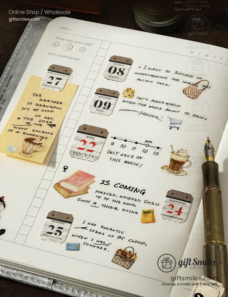 Open journal with handwritten notes vintagestyle stickers calendar details and a gold fountain pen on a wooden desk