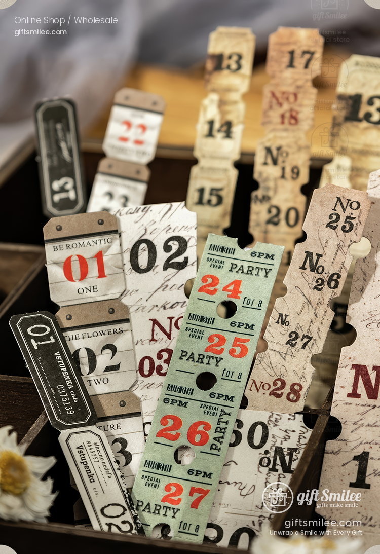 Vintagestyle paper tickets in assorted colors featuring numbers event text and floral accents arranged in a wooden box