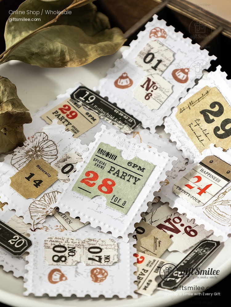 Vintagestyle paper stickers with postage stamp designs in white beige and black tones featuring numbers and illustrations