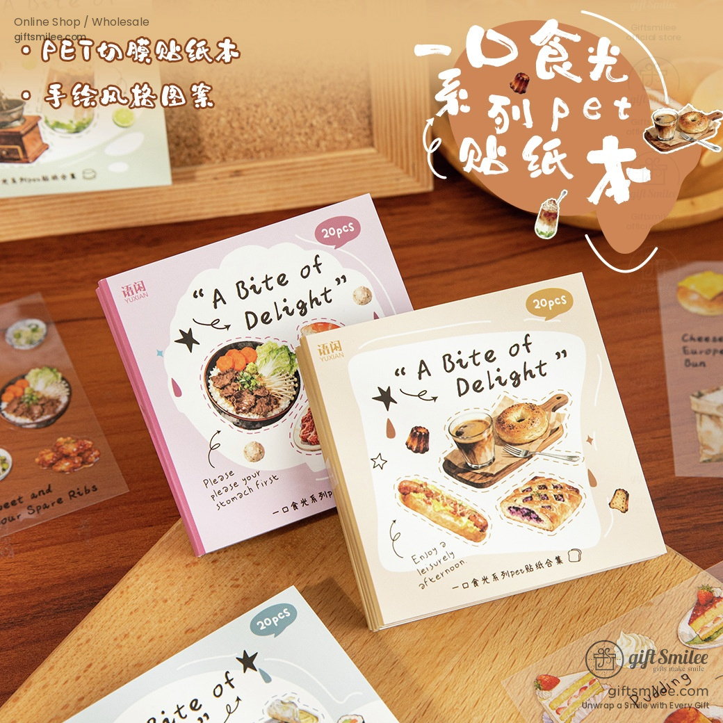 Pastelcolored PET sticker books with handdrawn food illustrations featuring desserts dishes and decorative designs