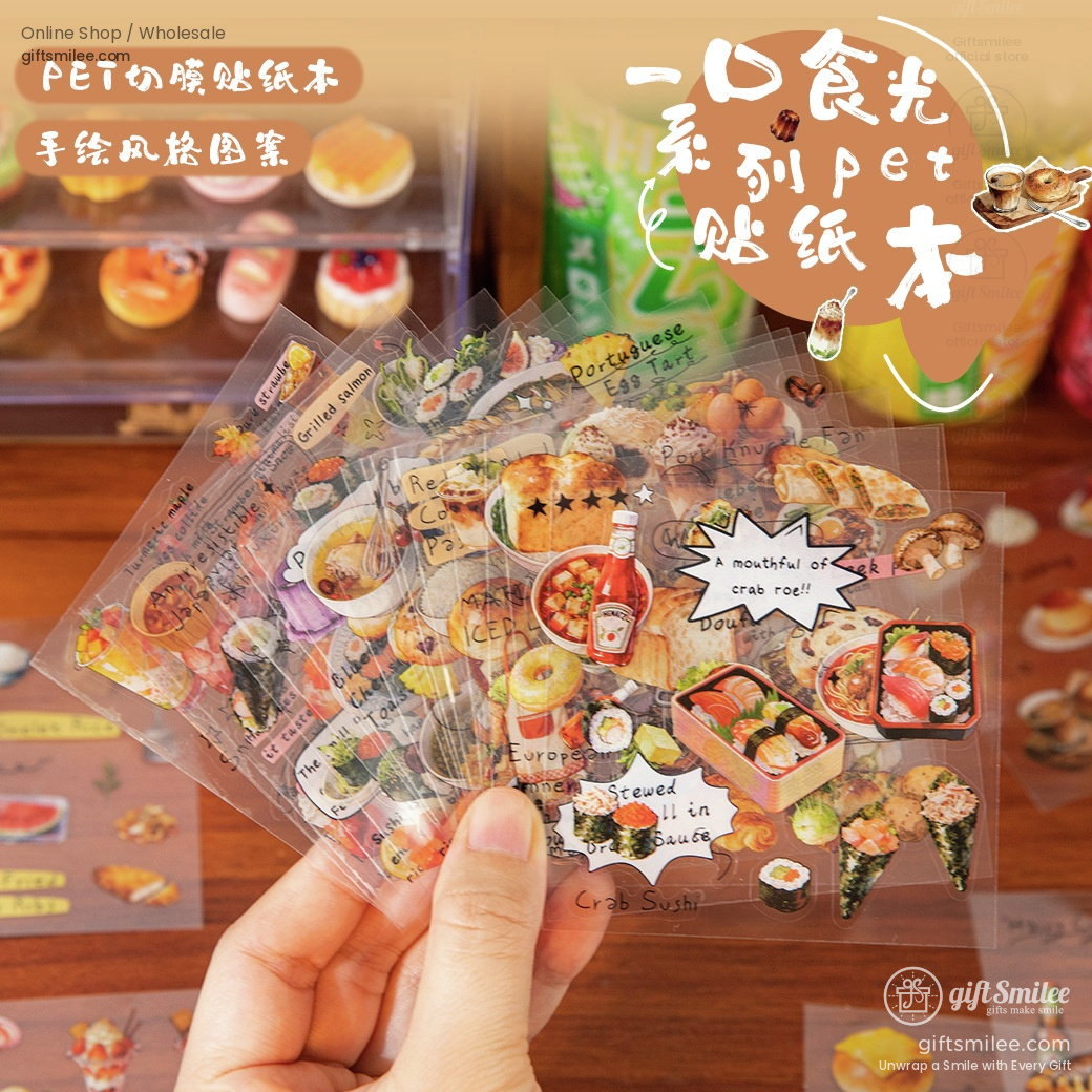 Transparent PET stickers with colorful handdrawn food designs featuring sushi pastries and beverages in vibrant detail