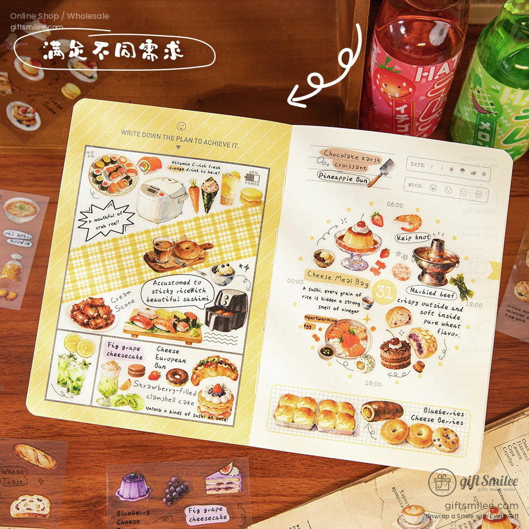 Open recipe planner with colorful food illustrations vibrant yellow checkered pattern and detailed meal sketches