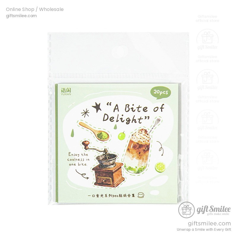 Green and white stationery stickers pack with vintage coffee grinder spoon and bubble tea illustrations 20 pieces