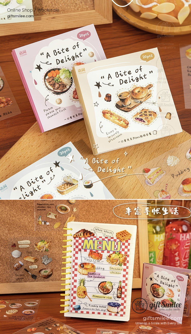 Assorted foodthemed sticker packs with vibrant illustrations of pastries meals and desserts in pastelcolored packaging