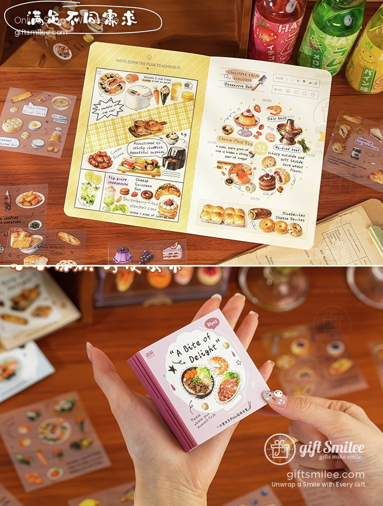Miniature foodthemed sticker book with colorful designs playful layouts and vibrant food illustrations on a wooden surface