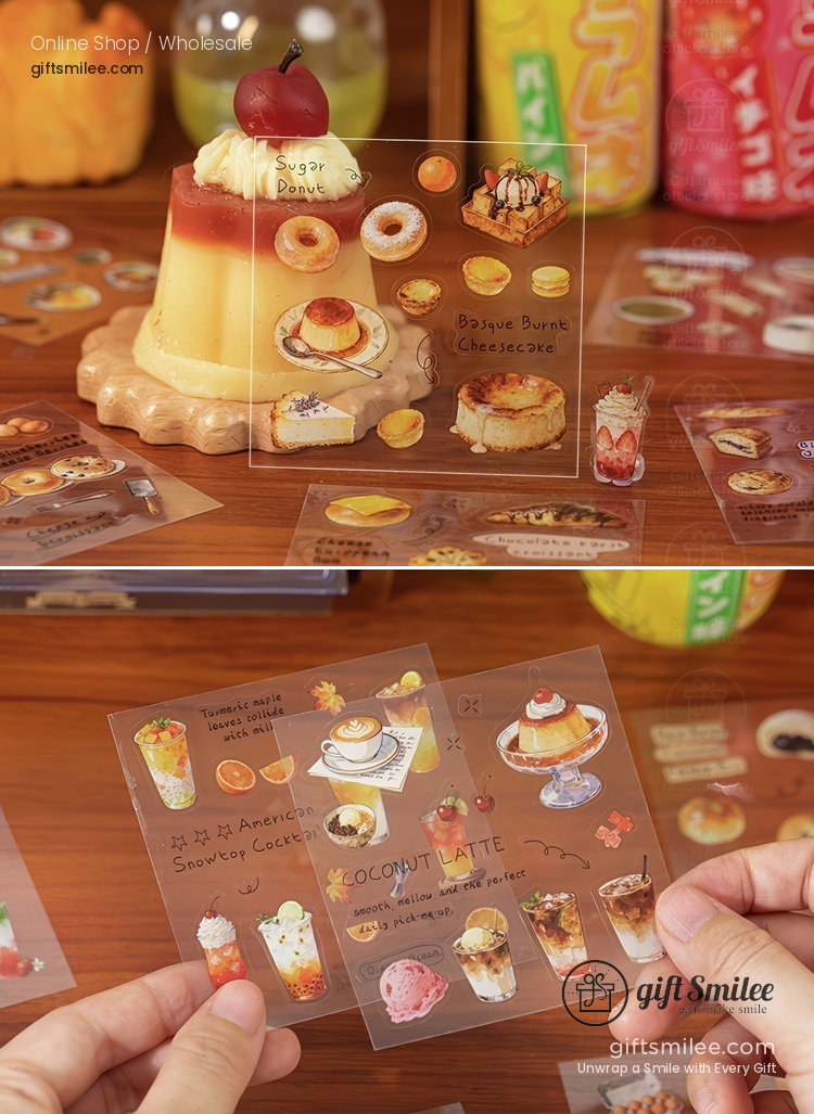 Transparent dessertthemed sticker sheets with detailed illustrations of cakes pastries and drinks in vibrant colors