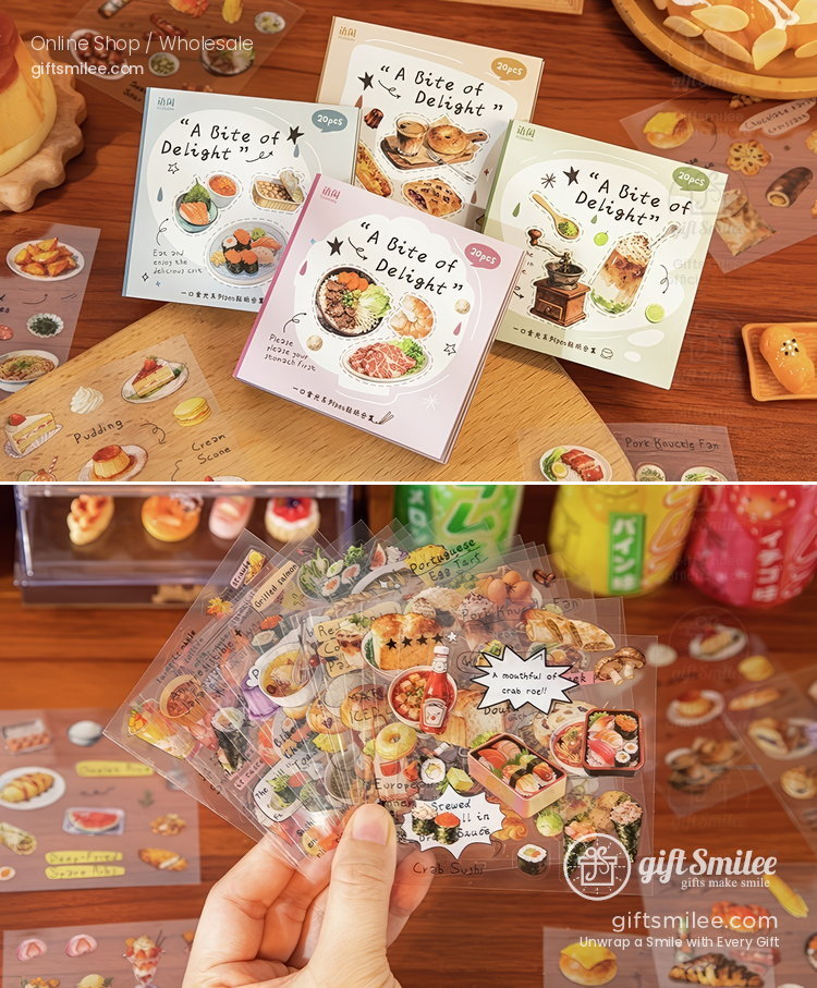 Assorted foodthemed decorative sticker packs with vibrant designs showcasing pastries dishes and beverages on glossy sheets
