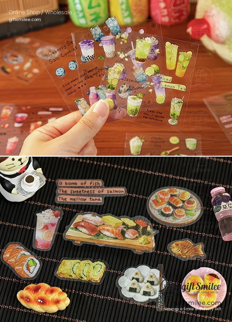 Transparent bubble tea and sushithemed stickers with colorful details featuring intricate drink cups and food designs