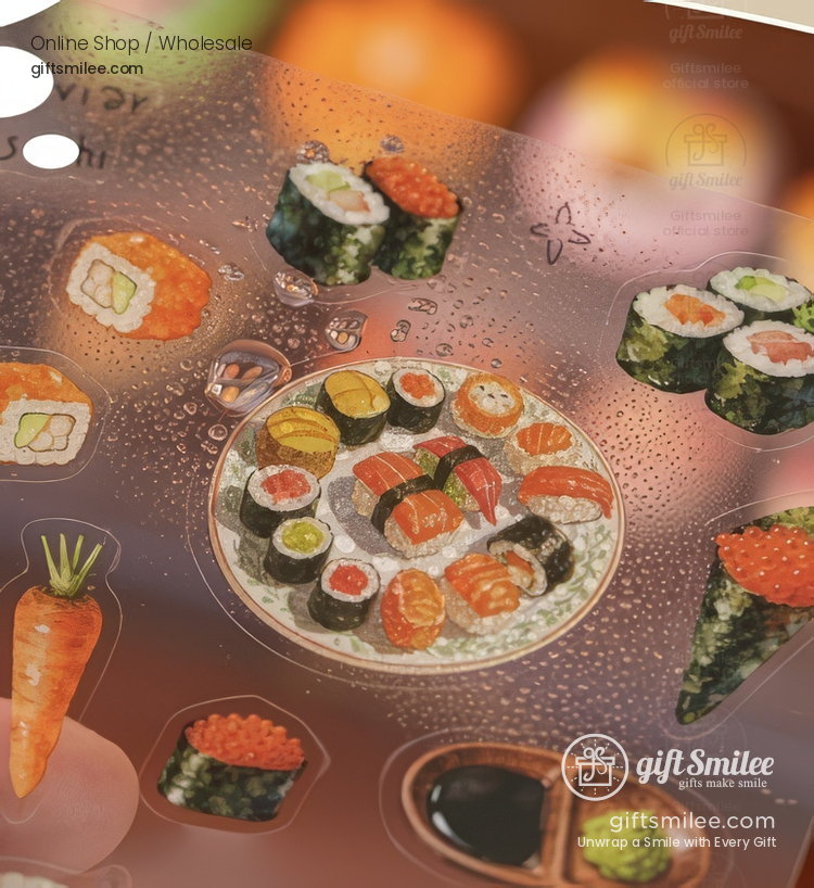 Glossy sushithemed sticker sheet featuring vibrant rolls sashimi and vegetables with a colorful playful design