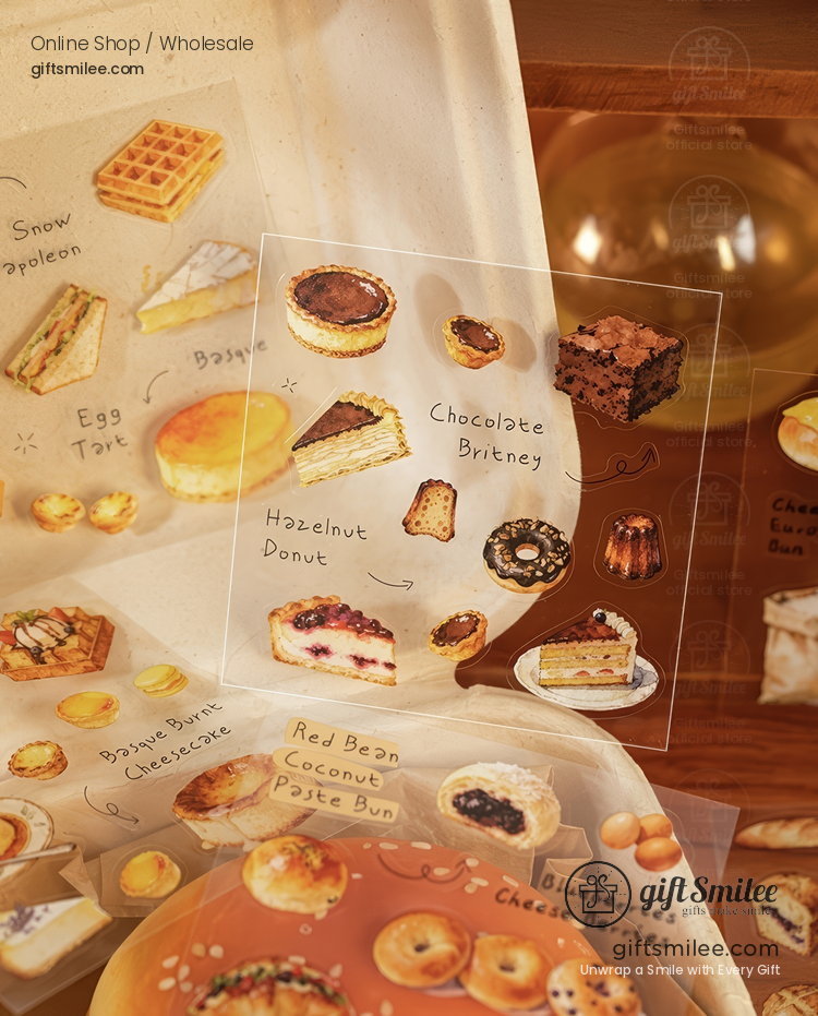 Illustrated bakerythemed stickers showcasing pastries like egg tarts hazelnut donuts and brownies on translucent sheets