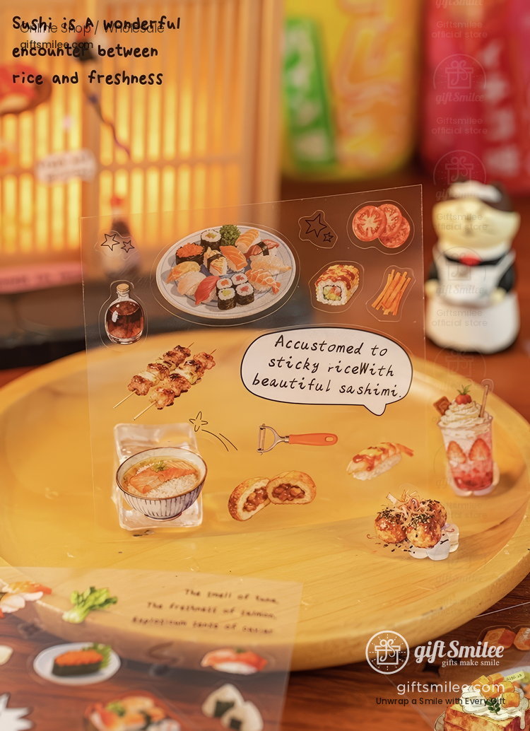 Transparent sushithemed stickers with vibrant illustrations of sashimi rolls and Japanese dishes on a wooden tray