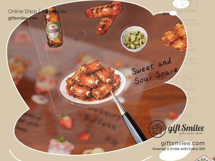 Transparent sticker sheet with sweet and sour spare ribs beer bottle sausages pickles and fried chicken graphics