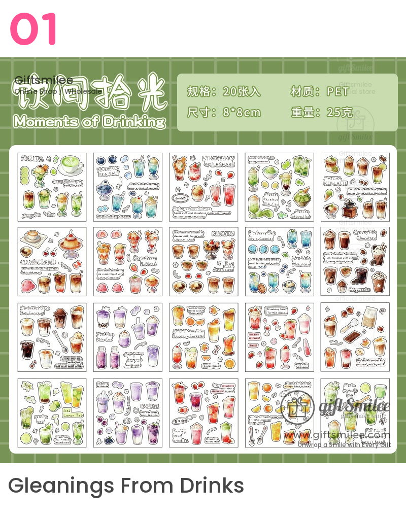 Set of colorful PET stickers featuring watercolorstyle drinks including milkshakes teas juices and desserts