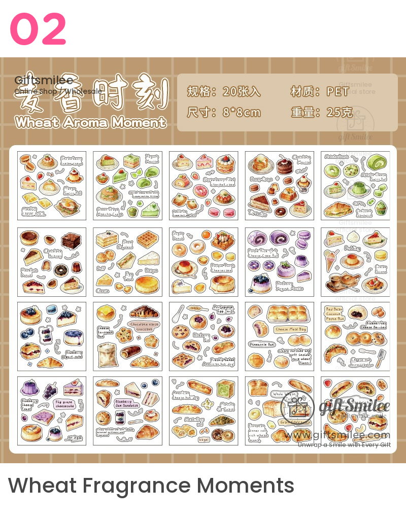 Assorted bread and pastrythemed PET stickers with vibrant watercolor illustrations featuring cakes muffins rolls and desserts