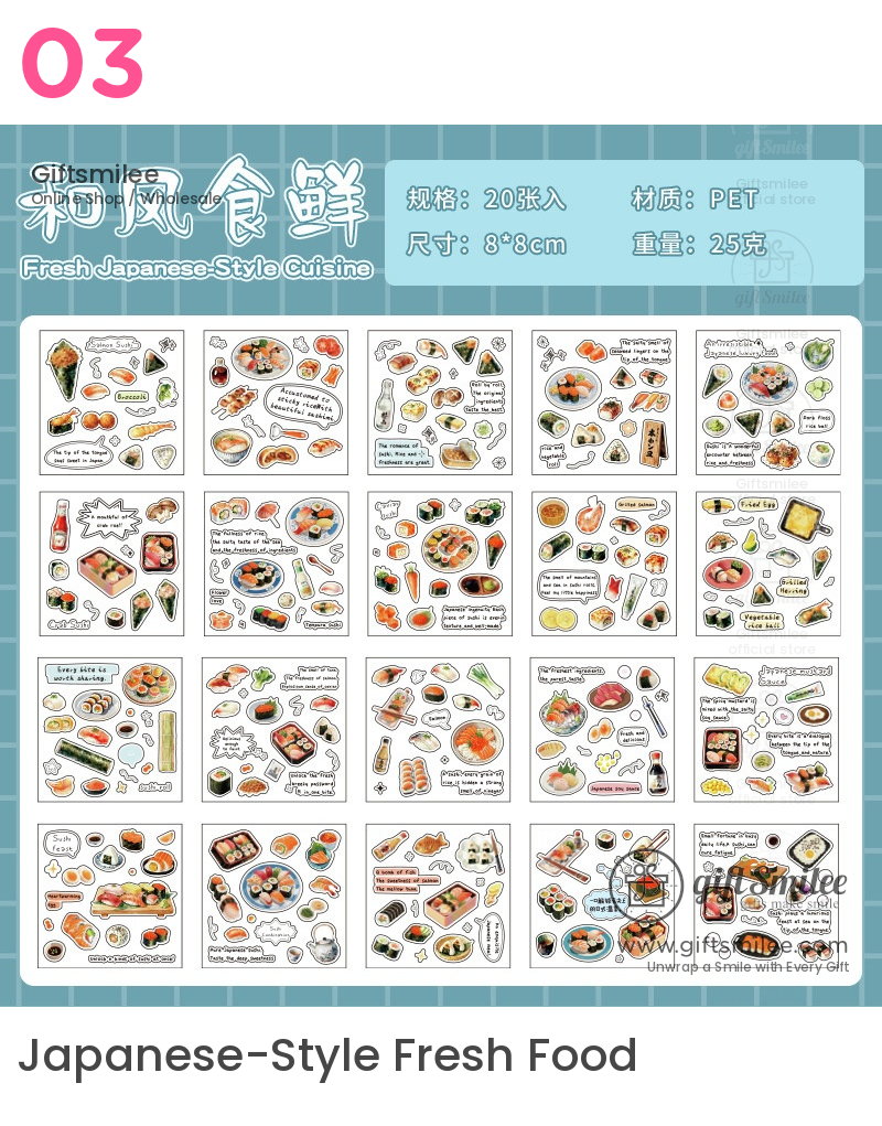 Japanese cuisinethemed sticker set with sushi sashimi rice bowls soy sauce and wasabi designs on PET material