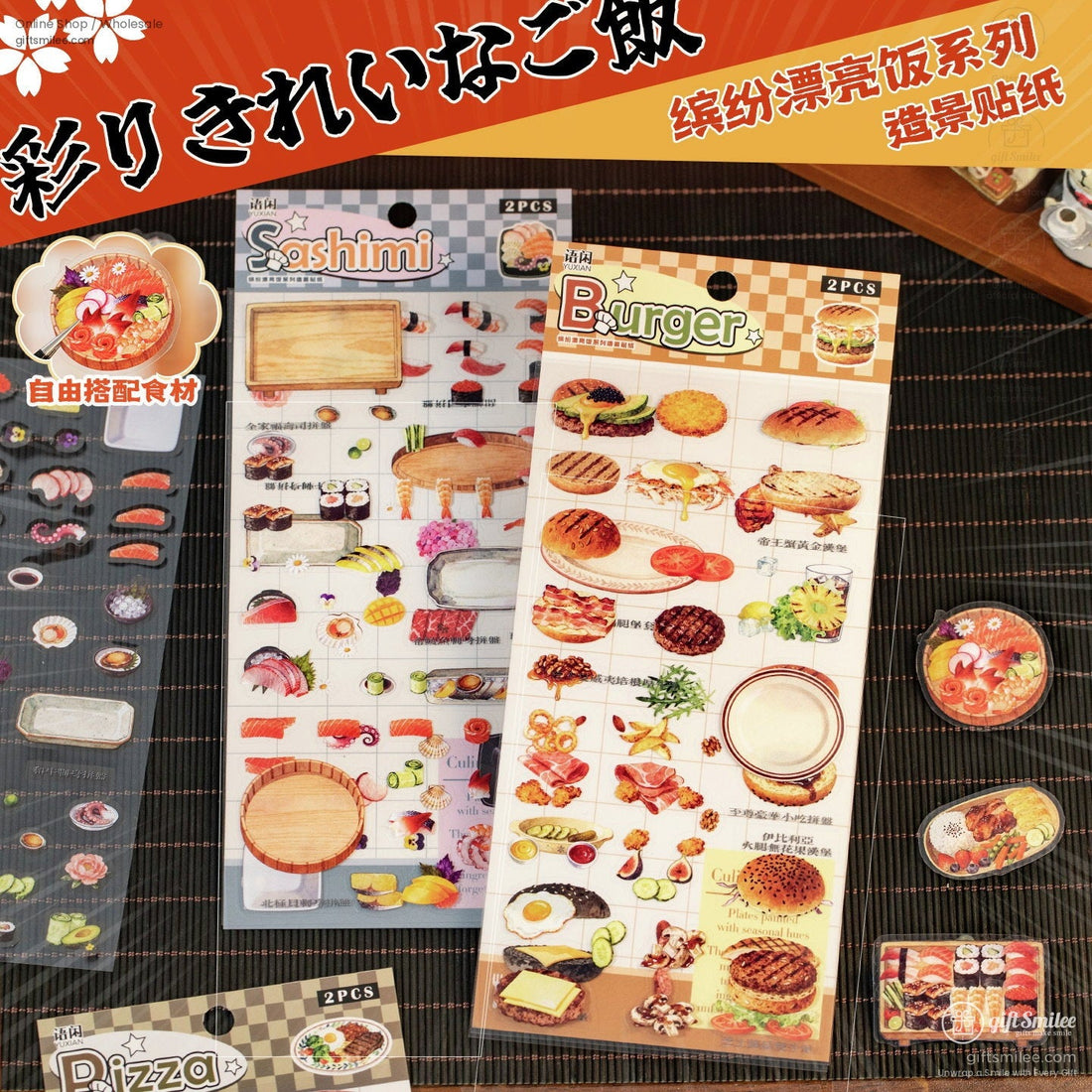Decorative sushi and burgerthemed sticker sheets with vibrant food illustrations and wooden serving board designs