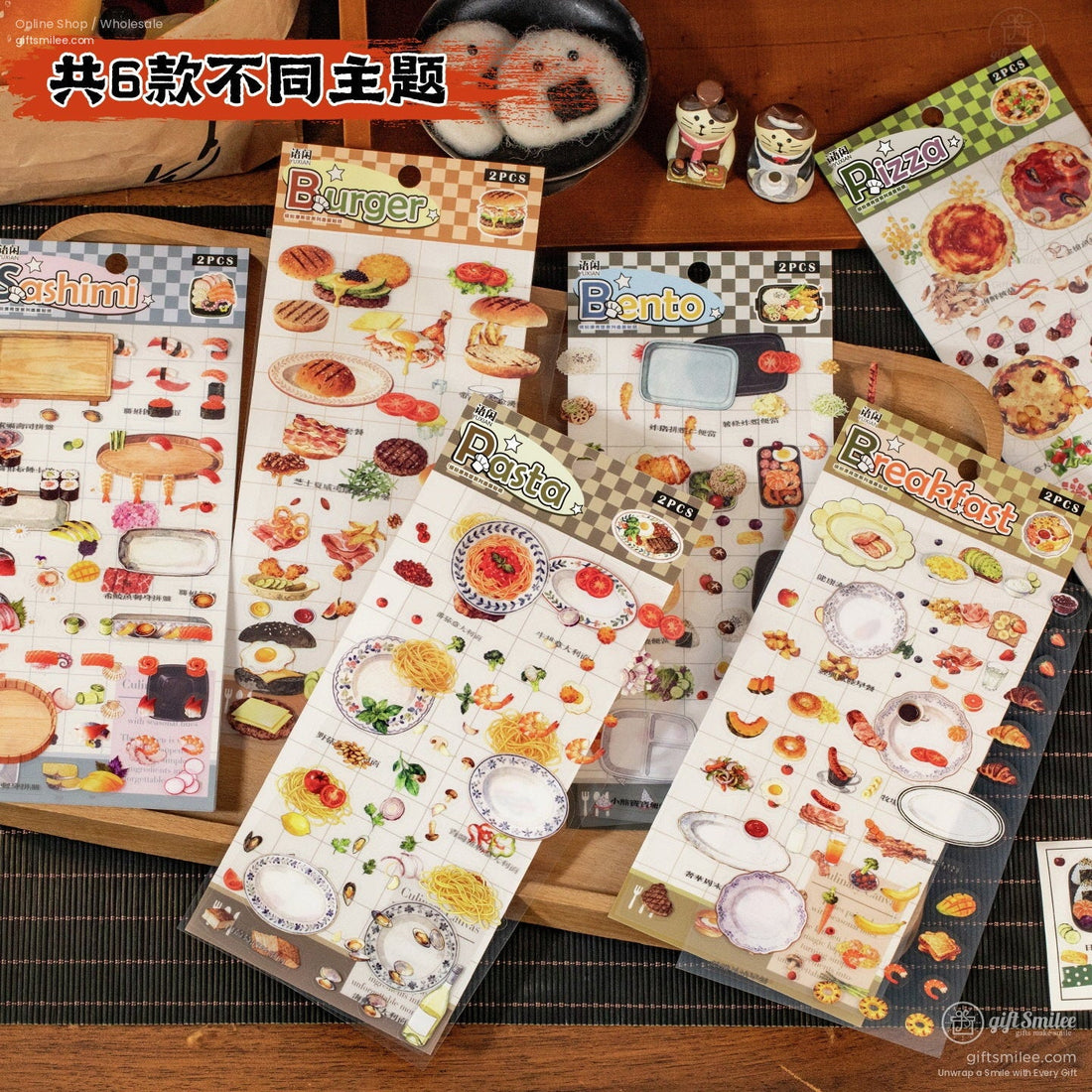 Decorative sushi and burgerthemed sticker sheets with vibrant food illustrations and wooden serving board designs